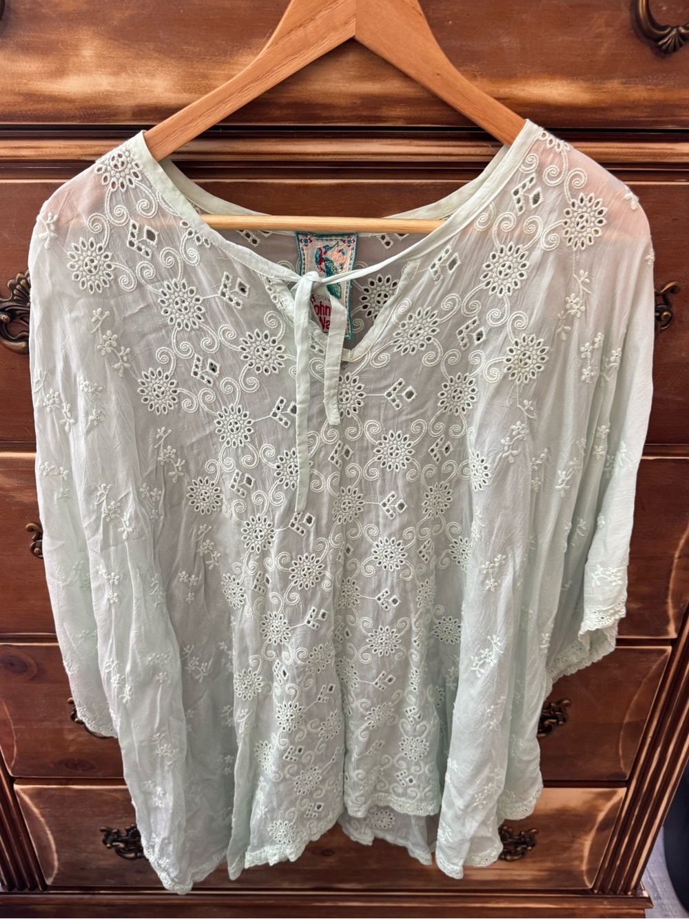 Johnny Was Mint Green Eyelet Embroidered Boho Top Oversized